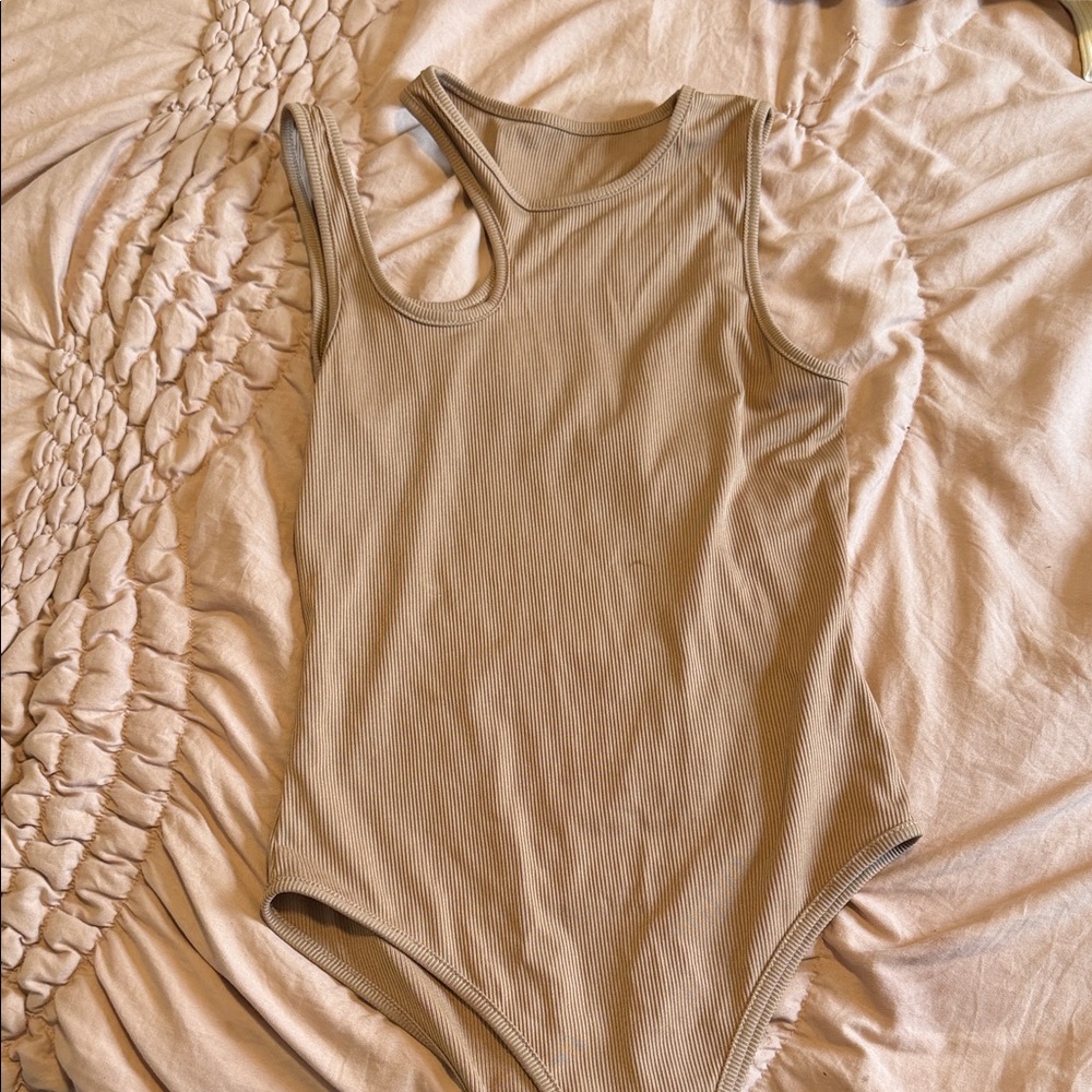 Ribbed One-Shoulder Bodysuit — Taupe